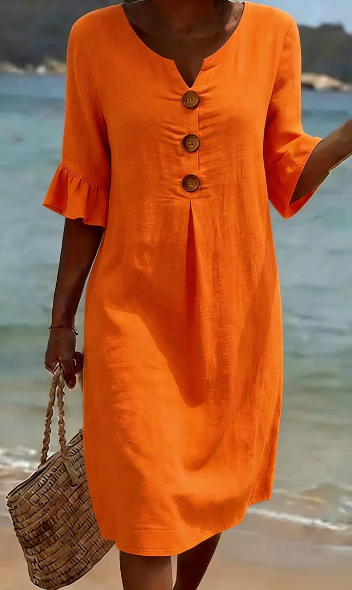 Chloe™ | Vestido de Linho e Algodão com Botões