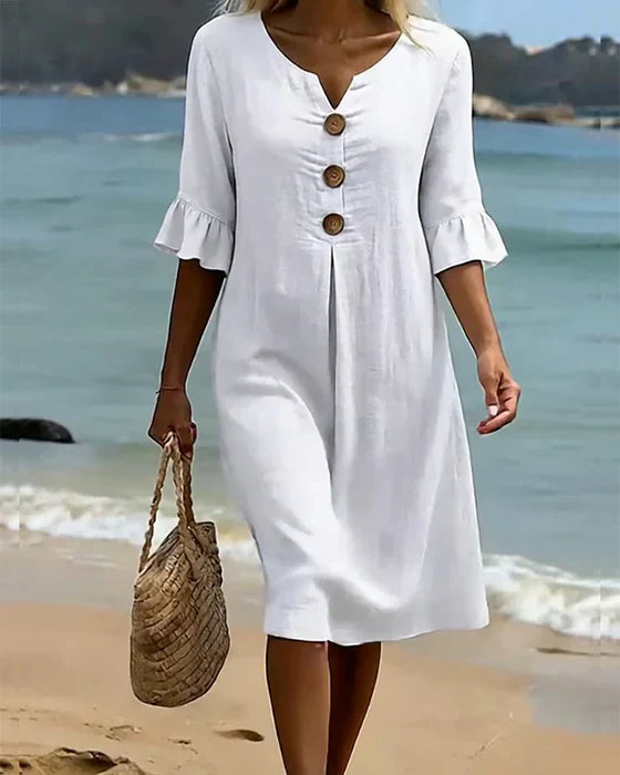 Chloe™ | Vestido de Linho e Algodão com Botões
