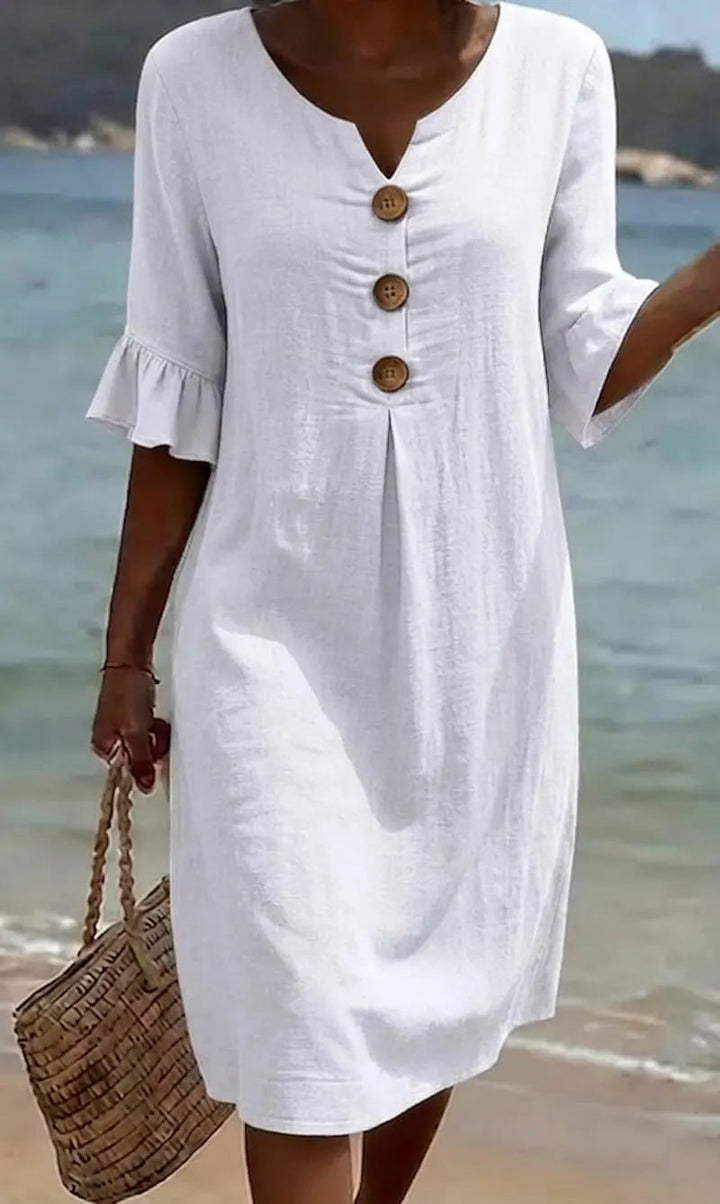 Chloe™ | Vestido de Linho e Algodão com Botões
