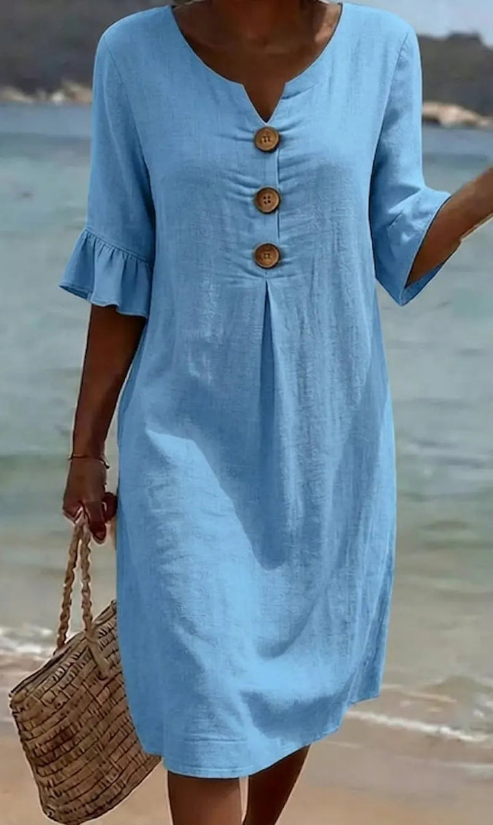 Chloe™ | Vestido de Linho e Algodão com Botões
