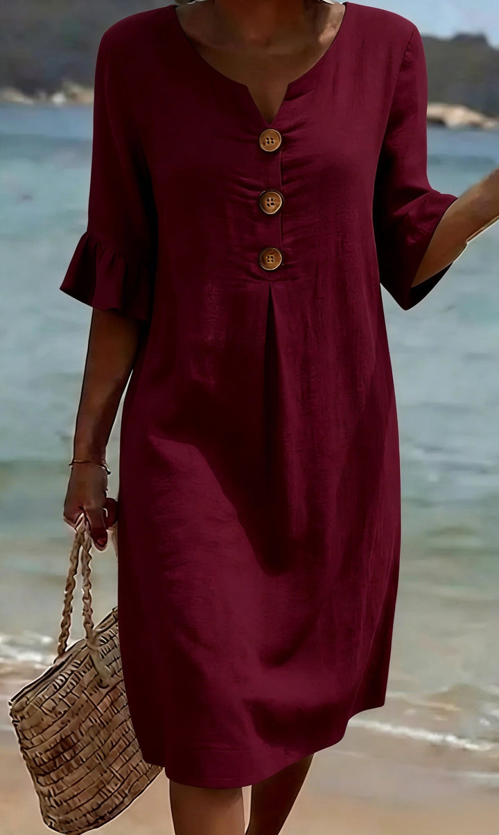 Chloe™ | Vestido de Linho e Algodão com Botões