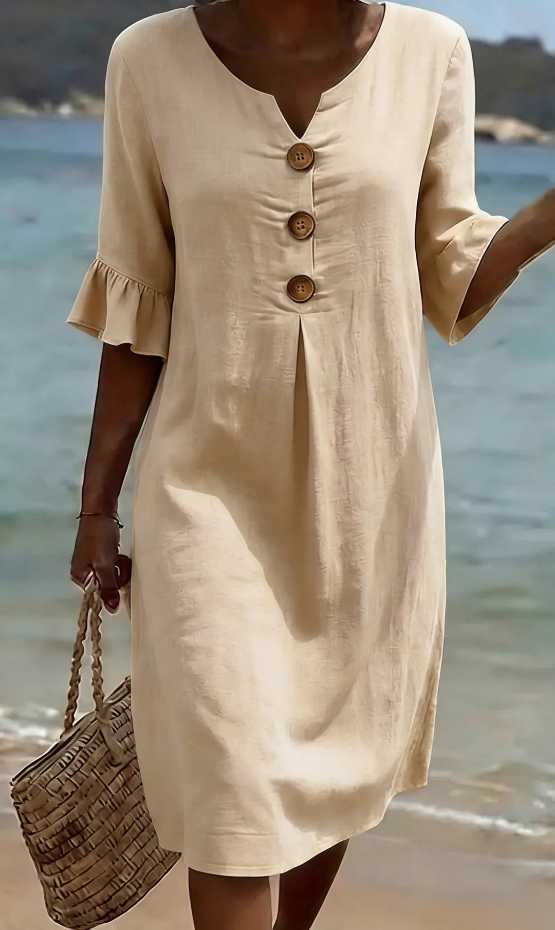 Chloe™ | Vestido de Linho e Algodão com Botões