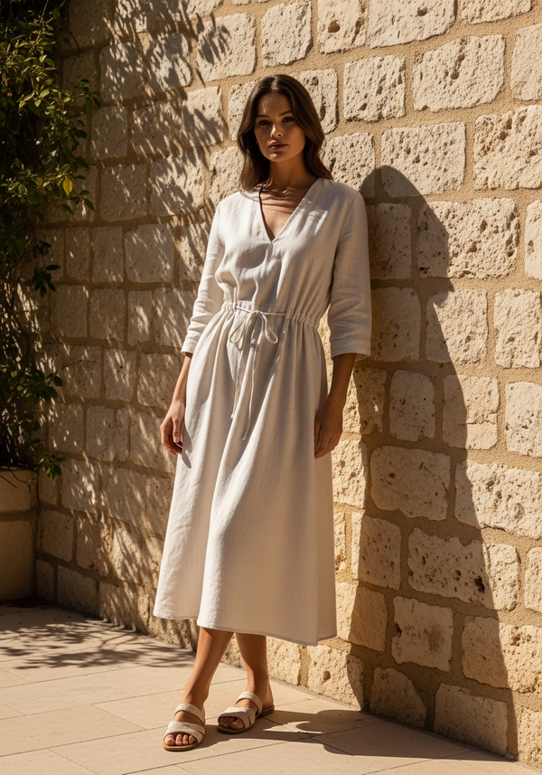 Vestido Midi de Linho Provence em tom cru