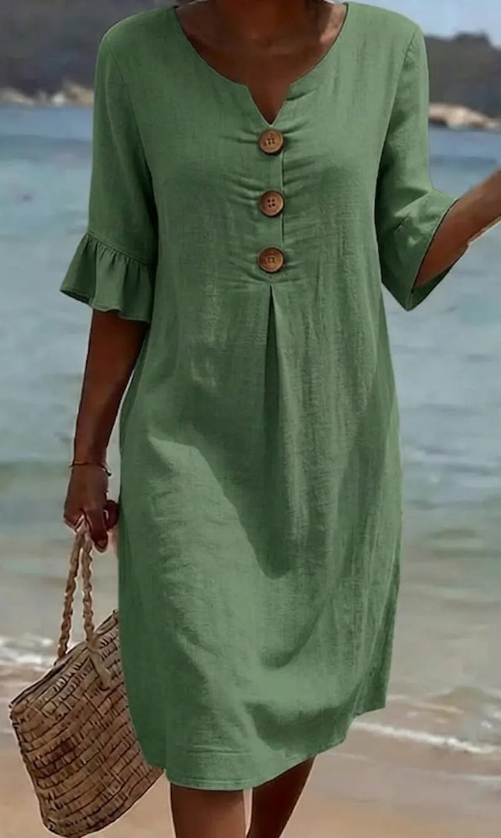 Chloe™ | Vestido de Linho e Algodão com Botões