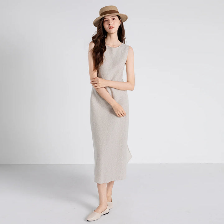 Vestido Midi Elegante de Linho Puro Luxuoso TX661103 para Mulheres com Forro de Algodão e Cintura Ajustável