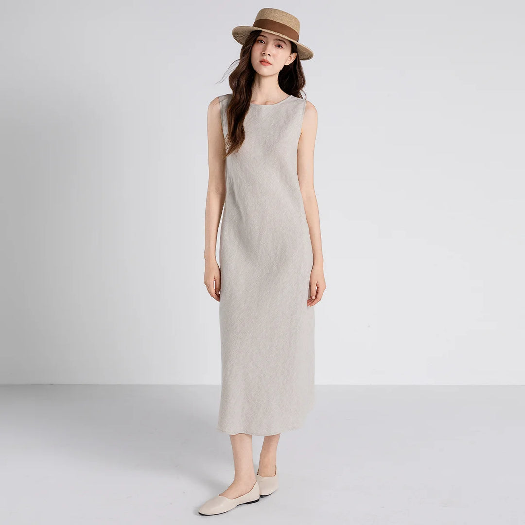 Vestido Midi Elegante de Linho Puro Luxuoso TX661103 para Mulheres com Forro de Algodão e Cintura Ajustável