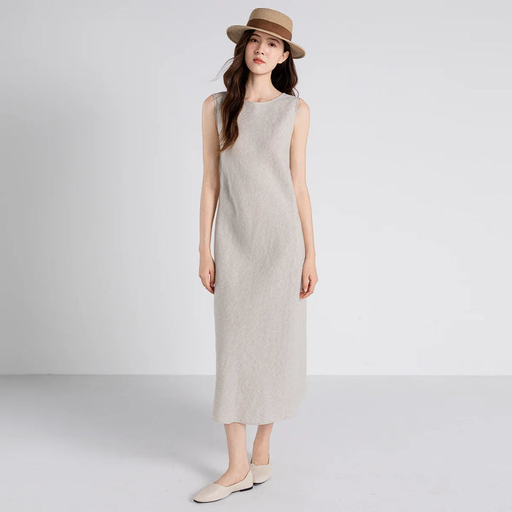 Vestido Midi Elegante de Linho Puro Luxuoso TX661103 para Mulheres com Forro de Algodão e Cintura Ajustável