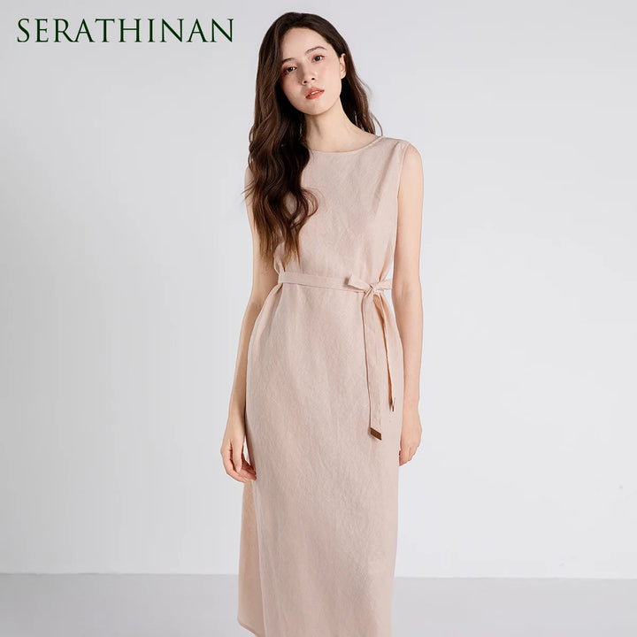 Vestido Midi Elegante de Linho Puro Luxuoso TX661103 para Mulheres com Forro de Algodão e Cintura Ajustável