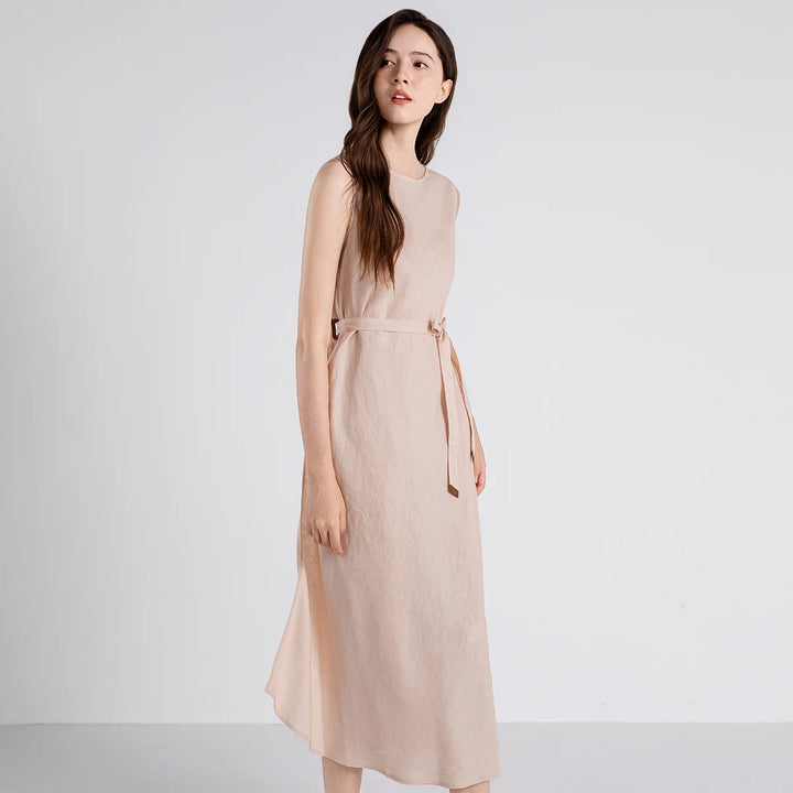 Vestido Midi Elegante de Linho Puro Luxuoso TX661103 para Mulheres com Forro de Algodão e Cintura Ajustável