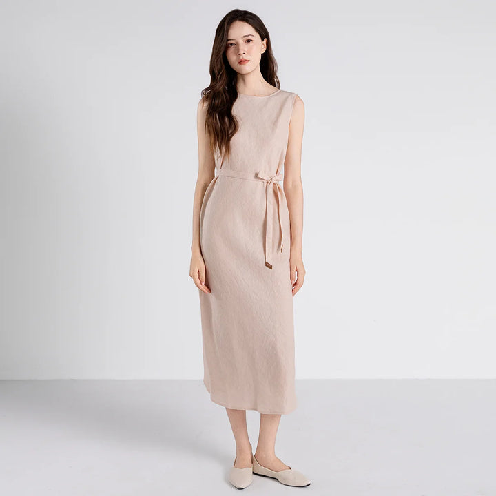 Vestido Midi Elegante de Linho Puro Luxuoso TX661103 para Mulheres com Forro de Algodão e Cintura Ajustável