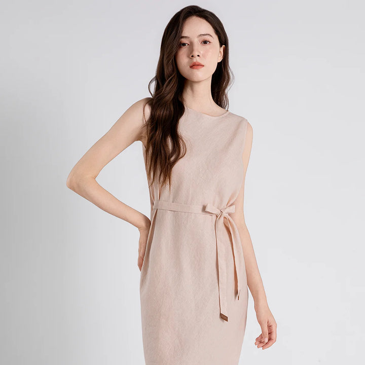 Vestido Midi Elegante de Linho Puro Luxuoso TX661103 para Mulheres com Forro de Algodão e Cintura Ajustável