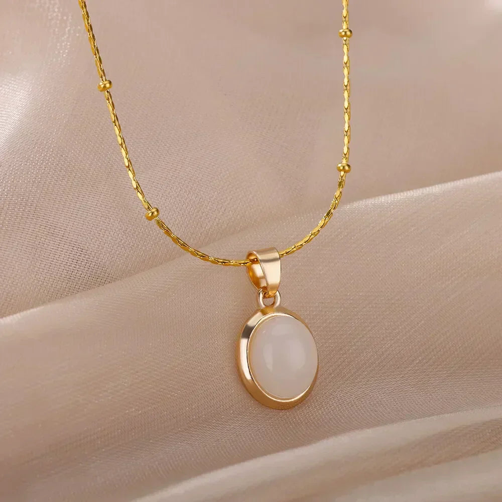 Chic Gold Stainless Steel Opal Water-Drop Pendant Necklace