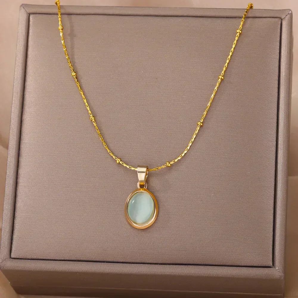 Chic Gold Stainless Steel Opal Water-Drop Pendant Necklace