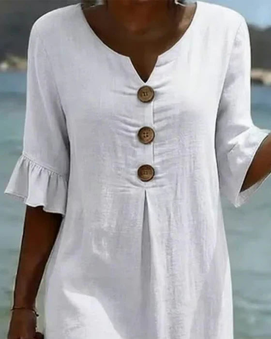 Chloe™ | Vestido de Linho e Algodão com Botões