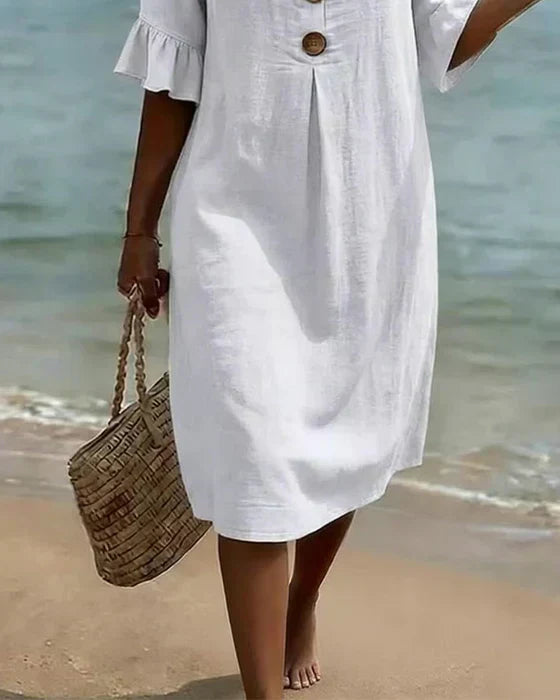 Chloe™ | Vestido de Linho e Algodão com Botões