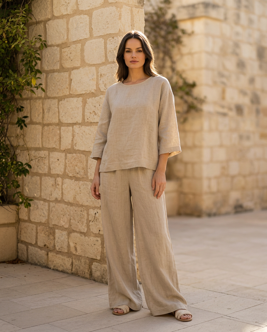 Conjunto Coordenado de Linho Riviera em tom areia