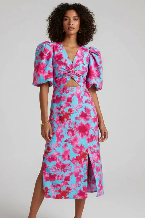 Arielle - Vestido Colorido Com Mangas Plissadas